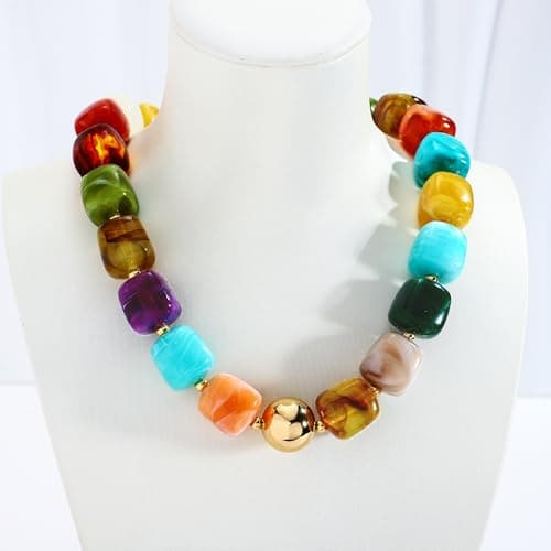 WOWORAMA Colorful Beaded Necklace for Women Trendy Colored Chunky Statement Necklaces Boho Large Square Resin Beads Choker Necklace Y2K Summer Jewelry — view 8