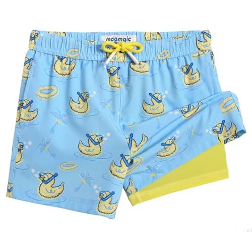 maamgic Boys Swim Trunks with Compression Liner Toddler Stretch Quick Dry Swim Shorts Quick Dry 2 in 1 Beach Shorts,Ducks Blue,Medium(10/12)