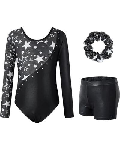 JiAmy Gymnastics Leotards for Girls, Long Sleeve Biketards Sparkly Dance Unitard with Shorts Athletic Bodysuit Outfit for Kids, Black 9-10 years