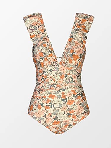 CUPSHE Women's Ruffled One Piece Swimsuit V Neck Lace Up, Orange Ditsy Print, Medium — view 2