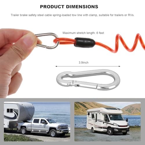 CCHRN Trailer Brake Away Cable, 6Ft Heavy Duty Stainless Steel Towing Coiled Wire Replacement with Clip, High Rebound Emergency Brake Safety Cable for RVs Trailers Campers