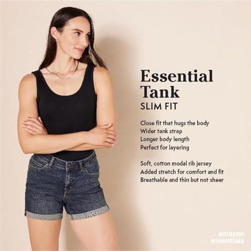 Amazon Essentials Women's Slim-Fit Ribbed Scoop Neck Tank Tops, Pack of 2, Black, Medium