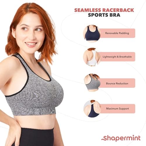 SHAPERMINT Seamless Racerback Wireless Sports Bra for Women with Removable Cups | Low Compression Womens Workout Tops | from Small to Plus Size Bras, Large, Black — view 4