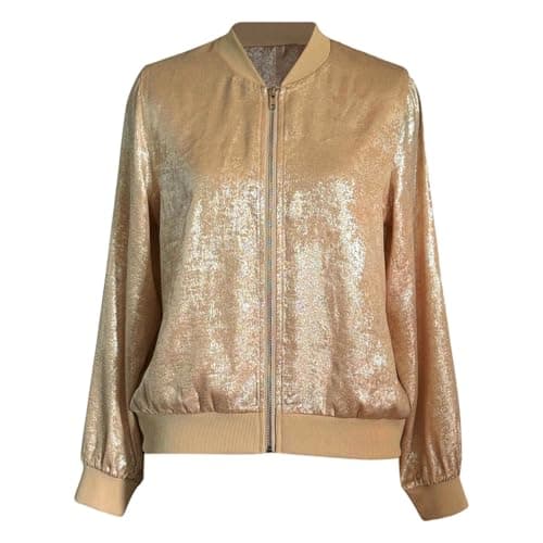 Women's Bomber Jacket with Zipper Sequin Blazer Metallic Gold Tops for Women Lightweight Coats Holiday Outfit Party Outerwear — view 3