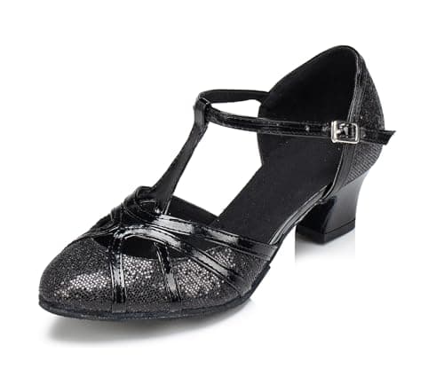 Minishion Women's T-Strap Dance Heels Glitter Salsa Ballroom Shoes Wedding Party Pumps, L2040 Black 5cm Heel, 9.5