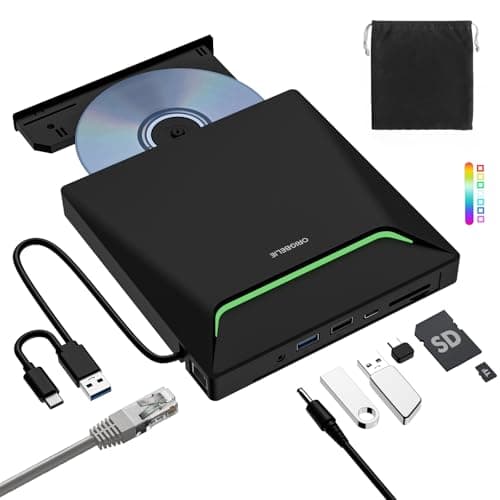 New External CD DVD Drive, Cool DVD Burner USB 3.0 with Ethernet Adapter, 3 USB and 2 TF/SD Card Ports, CD DVD Player Reader Writer Optical Disc Drive for Laptop MacBook PC Windows Linux Mac OS
