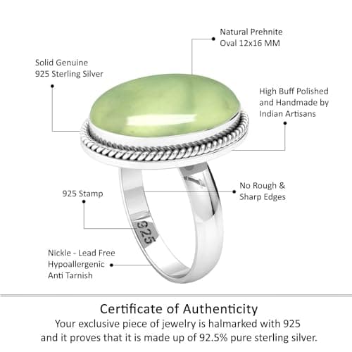 JEWELOPORIUM Green Prehnite Silver Ring Size 11, 925 Sterling Silver Ring for Women, Genuine Chunky Oval Stone Boho Jewelry — view 3