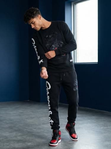 SCREENSHOT Mens Hip Hop Premium Classic Fit Urban Fleece Pants - Street Fashion Sweatpants Ribbed Wasteband with Drawstring, P1113-black/Black, Large — view 2