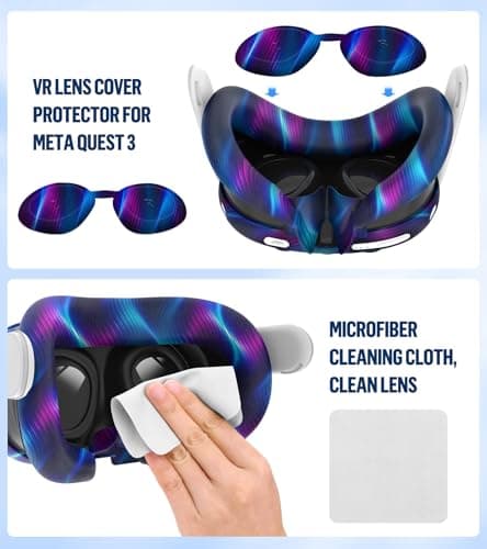 YRXVW Silicone Cover Set Compatible with Oculus/Meta Quest 3, Touch Controller Grips Cover, VR Shell Cover, Facial Interface Cover, Protective Lens Cover, Tempered Glass Lens Caps (Aurora Blue) — view 4