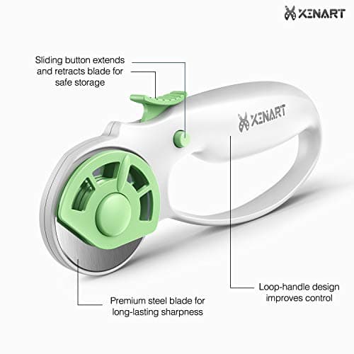 Xinart 45mm Rotary Cutter for Fabric Safety Lock Ergonomic Classic Comfort Loop Fabric Small Rotary Cutter for Sewing Quilting Crafting (Extra 2pcs Replacement Blades Included)-Green — view 3