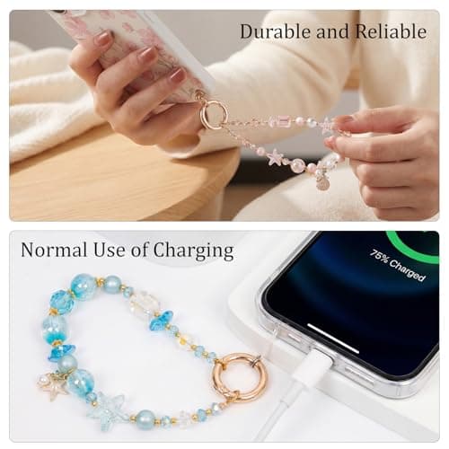 Kaluofan Phone Wrist Strap, Ocean Themed Keychain Wristlet, Beaded Camera Wrist Strap, Cute Phone Lanyard Purse Charms Bag Charm Camera Chain(Pink) — view 2
