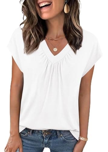 WELINCO Women's Summer Casual Tank Tops Flowy Pleated V Neck Cap Sleeve Tops White Large
