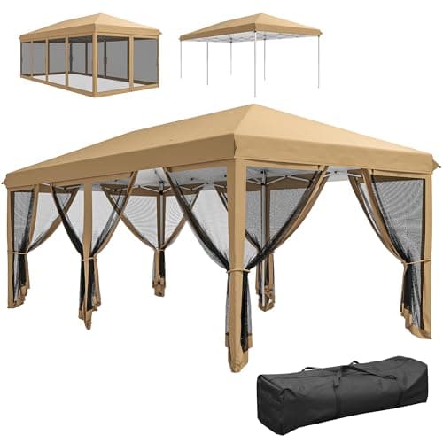 Outsunny 10' x 20' Pop Up Canopy Tent Gazebo with Removable Mesh Sidewall Netting, Carry Bag for Backyard Patio Outdoor, Beige