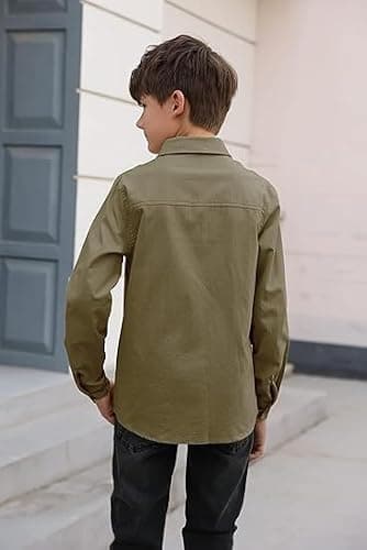 Haloumoning Boys' Long Sleeve Dress Shirts Classic Collared Button-Down Tshirt Solid Cotton Top with Chest Pocket, Army Green, 13-14 Years