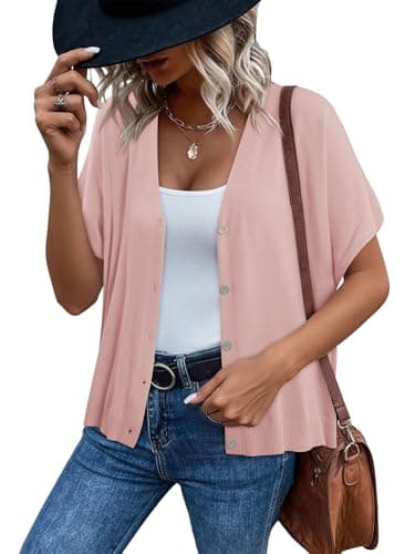 BETTE BOUTIK Womens Half Short Sleeve Cardigans Summer Lightweight Knit V Neck Button Down Casual Sweater Tops for Beach Vacation Pink Large — view 5