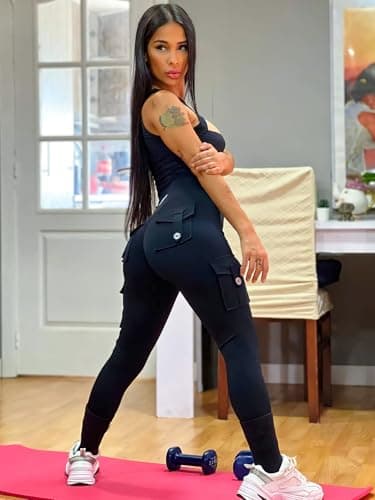 YEOREO CoreFlex Gym Workout Cargo Leggings with Pockets for Women Hidden Scrunch Compression Yoga Pants Black XS