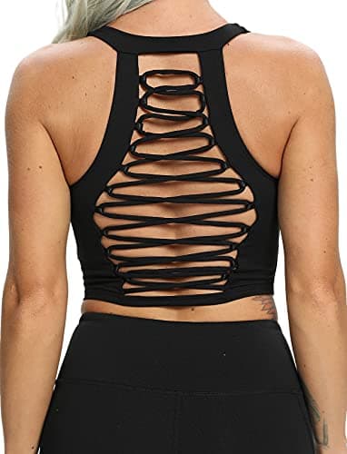 SEASUM Women's Longline Sport Bra Seamless Yoga Crop Top Medium-Low Support Workout Bra, #4 Criss-cross Black, Large