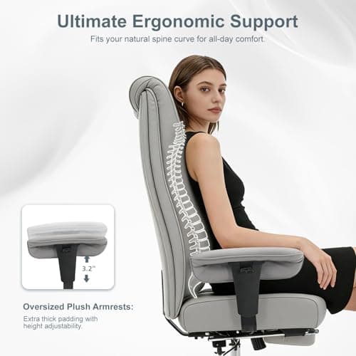 EXCEBET Big and Tall Office Chair 400lbs Wide Seat, Leather High Back Executive Office Chair with Foot Rest, Ergonomic Chairs Lumbar Support for Lower Back Pain Relief (Light Grey) — view 3