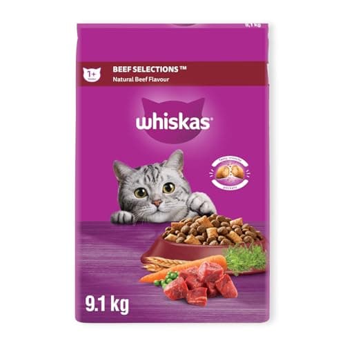 WHISKAS Adult Dry Cat Food - Beef Selections Flavour, 9.1kg Bag