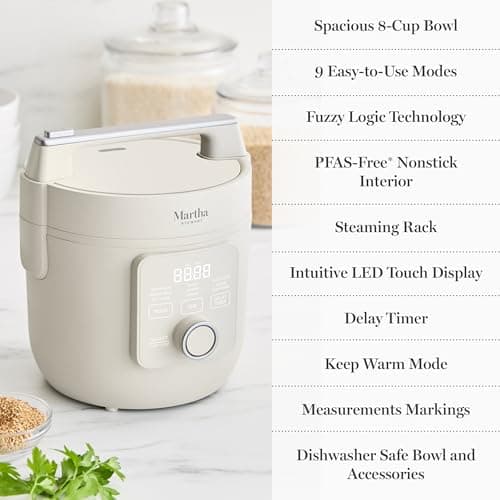 Martha Stewart Rice Cooker, 4 Cup (Uncooked) / 8 Cup (Cooked), Ceramic Non-Stick Removable Pot, Keep Warm, Measure Markings, Steam Basket, Brown & Sushi Rice, Quick Cook, Quinoa, Grains, Oats, Linen Cream — view 8
