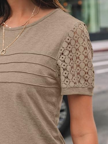 AUTOMET Short Sleeve Tops for Women Summer Shirts 2026 Fashion Teacher School Work Blouses Dressy Casual Outfits Lace Trendy Top Cute Plus Size T Shirt Business Spring Clothes Khaki L — view 4