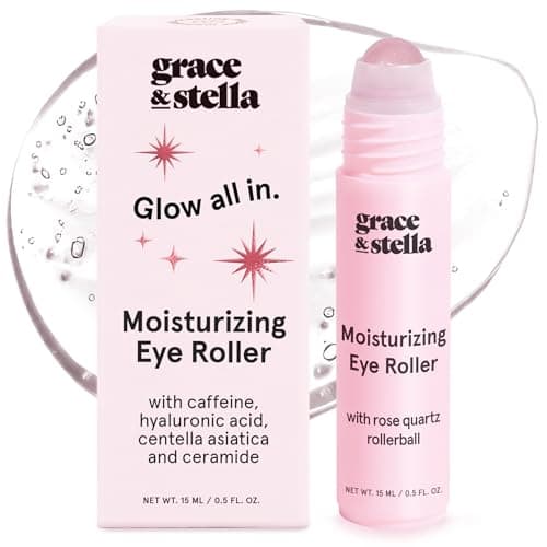 grace & stella Under Eye Brightener with Rose Quartz Rollerball - Centella Asiatica & Caffeine Under Eye Serum for Dark Circles & Puffiness - Travel Essentials, Gifts for Women, Vegan (15ml/0.51floz)