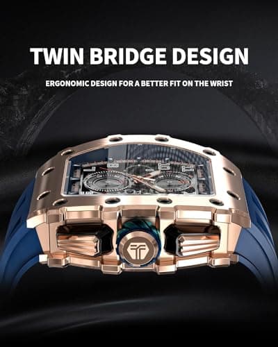 TSAR BOMBA Men's Luxury Quartz Watch, Luminous Dial 5ATM Water Resistance Silicone Strap Men's Wristwatch Ideal Gift for MenBlue Gold — view 3