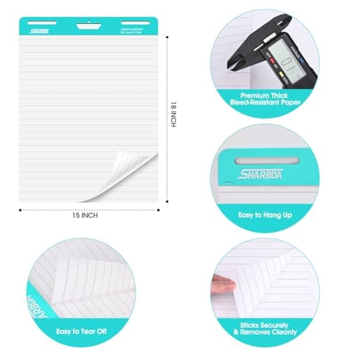 SHARBDA Lined Sticky Easel Pad, 15 * 18 inch,Self-Stick Flip Chart Paper, Super Adhesive & Bleed-Resistant,Micro-Perforated Tear,Classroom Teacher Office Presentation Pads,3 Pads/Pack,90Sheets