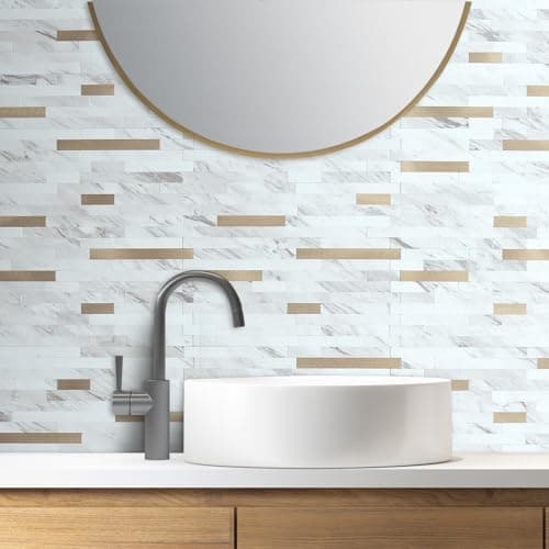 AULIGET 20 Sheets Faux Stone White Marble Peel and Stick Backsplash, PVC Mixed Metal Champagne Gold Wall Tile Stick on Backsplash for Kitchen and Bathroom — view 3