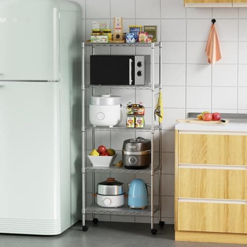 FDW 5-Tier Metal Wire Garage Storage Rack Shelf Unit for Garage/Kitchen,with Wheels,Chrome