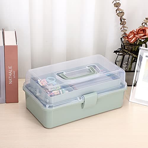 BTSKY 3-Layer Plastic Dividing Storage Box Craft Organizer and Storage with Adjustable Spacers Portable Handled Art Supply Organizer Multipurpose Home Utility Box for Medicine Sewing(Haze Green) — view 2
