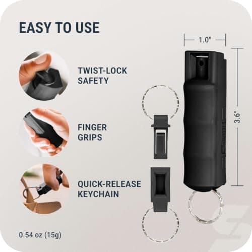 SABRE Pepper Spray with Quick Release Keychain for Self Defense – Maximum Police Strength OC Spray with UV Marking Dye, Twist Lock Safety, Finger Grip, 10‑Second Spray, 14‑ft Range, Made in USA