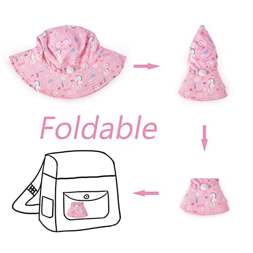 LO SHOKIM Baby Sun Hat 2 Pack Toddler UPF 50+ Summer Sun Protection Wide Brim Bucket Hat Baby Girl Beach Hat Boy Kids Adjustable Cap Summer (Pink Seahorse + Red Rose, M) — view 2