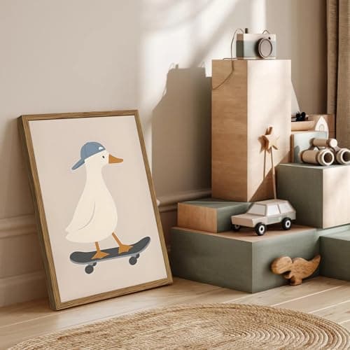 Cute Goose Wall Art Funny Silly Goose Skateboard Wall Decor Painting Whimsical Duck Poster Canvas Print Picture for Living Room Bedroom 12x16 inch Wood Framed — view 2