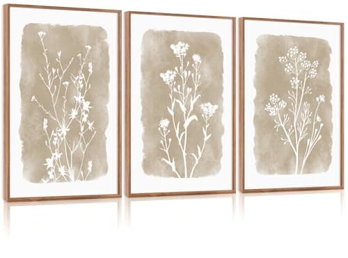 CHDITB Botanical Farmhouse Wall Art Set, Framed Boho Plant Wall Decor, Neutral Minimalist Floral Wall Painting, Rustic Wildflower Canvas Art Prints for Living Room, Bedroom, Bathroom - Large 16"x24"x3
