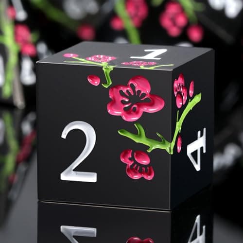 Silver Metal DND Dice Set, 7PCS D&D Metal Dice with Metal Case for Dungeons and Dragons, Shadowrun, Pathfinder, Savage World and Table Games (Matte Black with Pink Flower)
