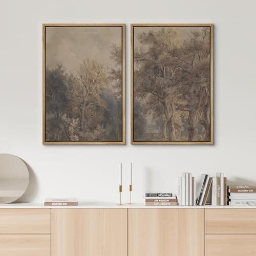 SIGNWIN Framed Canvas Print Wall Art Set Vintage Tree Sketch Classic Sepia-Toned Forest Illustrations Modern Art Scenic Colorful for Living Room, Bedroom, Office - 24"x36"x2 Natural — view 2