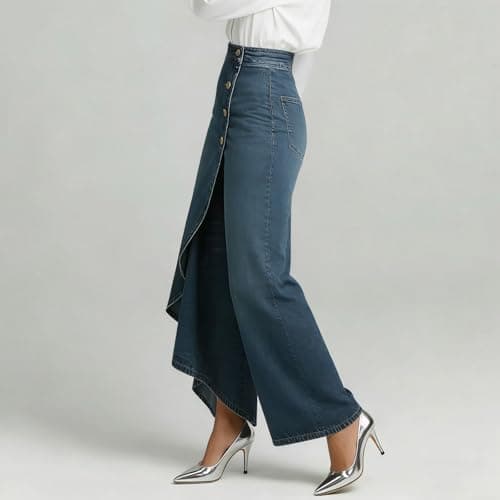 Wide Leg Jeans Woman High Waisted Asymmetrical Baggy Trendy Business Casual Denim Pant Button Ruffle Spring Outfits S-3XL Blue
