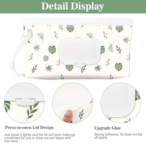 FEBSNOW 2 Pack Baby Wipes Dispenser Holder, Portable Refillable Baby Wet Wipes Pouch Container Reusable Travel Case for Outdoor Hiking, Green Leaves — view 3
