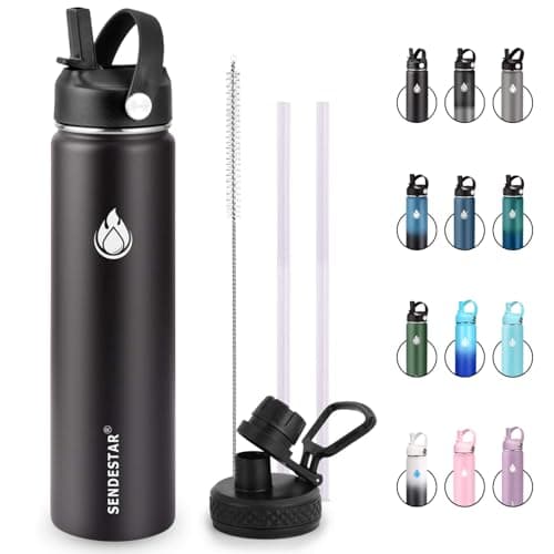 SENDESTAR Insulated Water Bottle 24 OZ, Wide Mouth 24 oz Water Bottle with Straw Lid, Spout Lid, Double Wall Vacuum Stainless Steel Leak Proof, Keeps Liquids Hot or Cold
