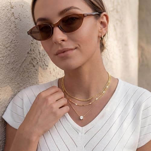 WomenGifts Layered Gold Necklaces for Women, 14K Gold Plated Dainty Cute Pendant Necklace Jewelry Set, Chunky Stackable Cuban Chain Choker Collar, Trendy Waterproof Non Tarnish Jewelry Gift for Mom — view 3