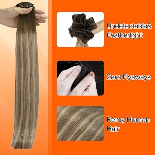 Full Shine Hair Extensions Real Human Hair Weft Genius Hair Extensions 20 Inch 60G Blonde Sew in Extensions for Women Hair Weft Color 3/8/22 Brown Fading to Ash Brown and Blonde — view 2