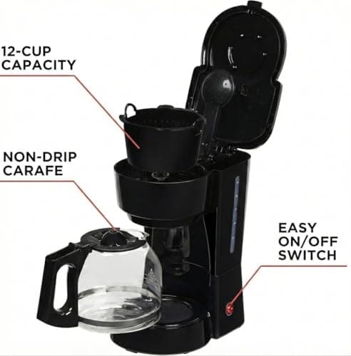 BLACK 12-Cup Coffee Maker with Easy On/Off Switch, Easy Pour, Non-Drip Carafe with Removable Filter Basket, Keep Hot — view 3