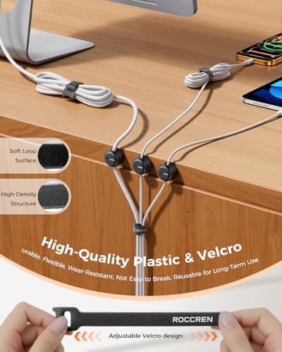 Rocoren 50 PCS Cable Management Kit 10 Magnetic Rotatable Cable Clips,40 Reusable Velcro Cord Organizer Straps, Cord Holder Accessories for Under Desk,Nightstand,Home and Office — view 5