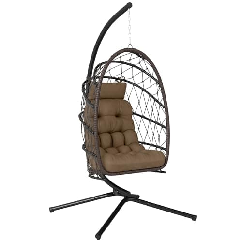Outsunny Hanging Egg Chair with Stand, Foldable Wicker Rattan Swing Chair with Thick Cushion and Safety Rope for Patio Garden, Supports 264 lbs, Brown