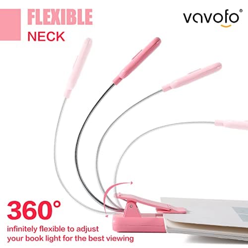 VAVOFO Rechargeable Book Light for Reading in Bed Kids, 7 LED Reading Light with 9-Level Warm Cool White Daylight, Eye Care Lamp with Power Indicator for Bookworms (Pink) — view 3