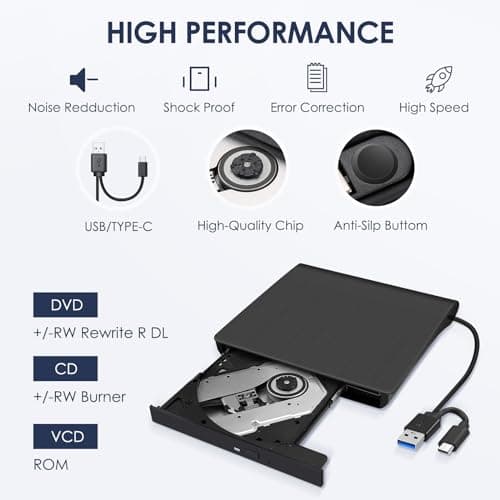 Hcsunfly External CD/DVD Drive for Laptop, Type-C CD/DVD Player USB 3.0 Portable Burner Writer Reader Compatible with Mac MacBook Pro/Air iMac Desktop Windows 7/8/10/XP/Vista (Black) — view 3