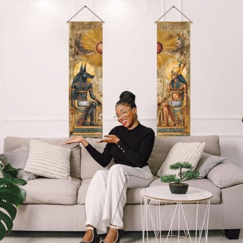 AHANDMAKER 2Pcs Ancient Egypt Mythology Tapestry Godsand Pharaohs Art Wall Hanging Decor Vertical Long Tapestry with Tassels for Bedroom Living Room Home Office Decoration, 45.7x13 Inch — view 5