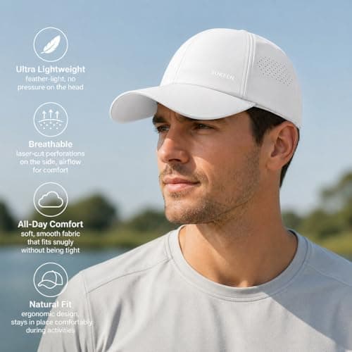 Sukeen Mens Baseball Cap - Adjustable Breathable Moisture-Wicking Hat for Golf Hiking Fishing Running Outdoor Daily-White — view 5
