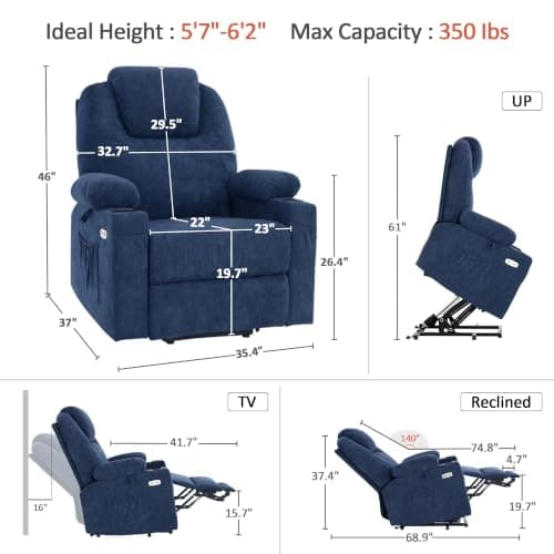 MCombo Power Lift Recliner Chair for Elderly, Lift Chair with Heat and Massage for Tall People, USB&Type C Ports, Extended Footrest, Cup Holders, Fabric 7516(Large,Admiral) — view 2